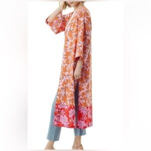 JESSICA SIMPSON Long Kimono Duster Robe Pink / Orange Floral size L/XL GORGEOUS